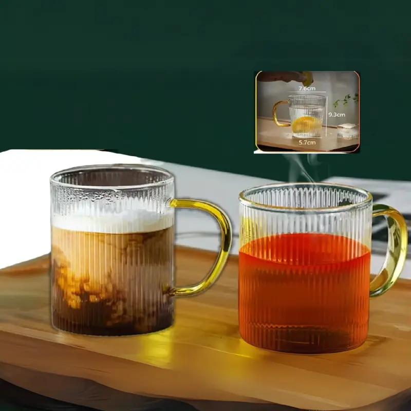 2'li Kendinden Çizgili Saplı 300 ML Borosilkat Cam Mug Kupa Bardak