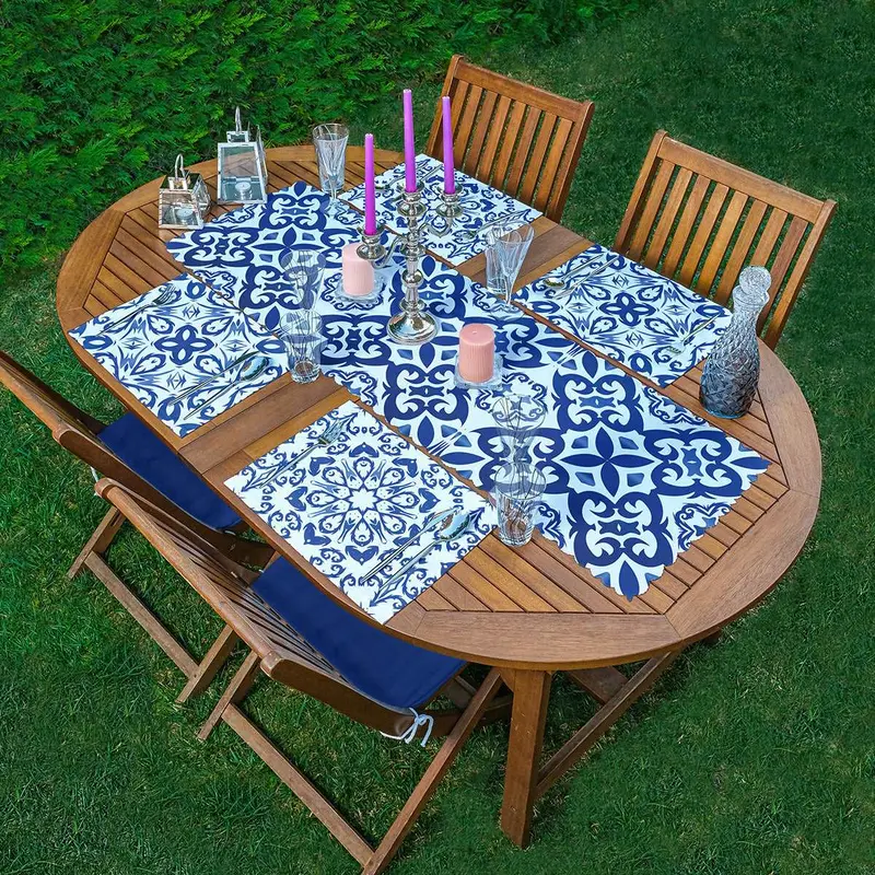 4+1 Mavi Çini Sanat Tasarımlı Amerikan Servis ve Runner Seti