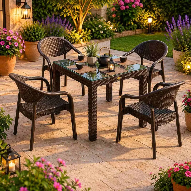 90x90 Cm 4 Bambu Sandalyeli Camlı Masa Seti Kahve