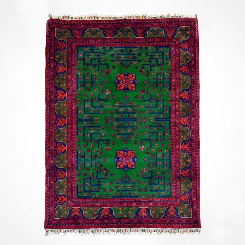 Afgan Halısı Yeşil Hamyap Orijinal El Dokuması Kök Boya Yün 105x153 1.61 Metrekare - 3x5 ft