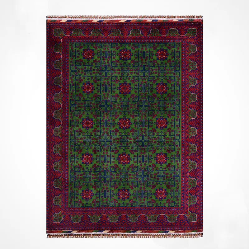 Afgan Halısı Yeşil Hamyap Orijinal El Dokuması Kök Boya Yün 168x231 3.88 Metrekare - 5x7 ft