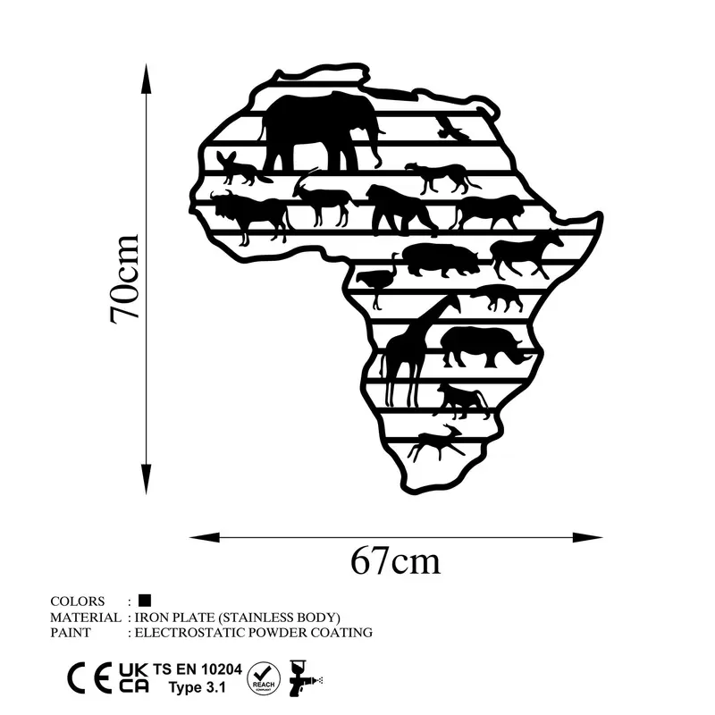Afrika Haritası Hayvan Metal Duvar Panosu - Siyah