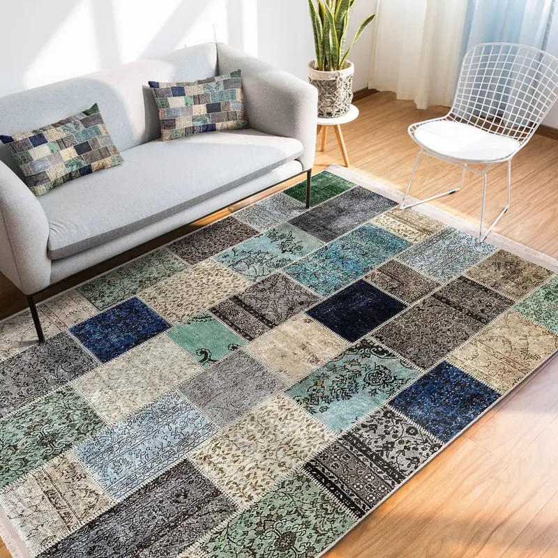 Anadolu Patchwork Motifli Etnik Dijital Baskılı Makinede Yıkanabilir Saçaklı Halı
