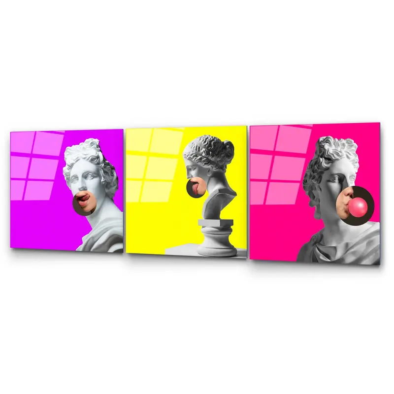 Antik Heykel Pop Art Üçlü Set Cam Tablo - Beyaz