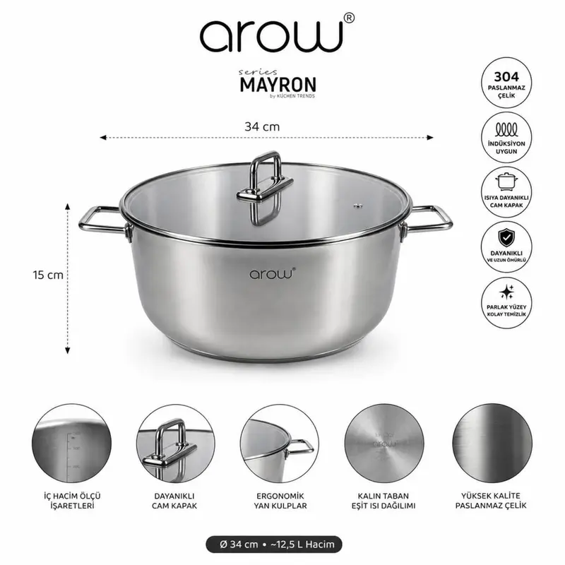 Arow Mayron 34 Cm Derin Çelik Tencere