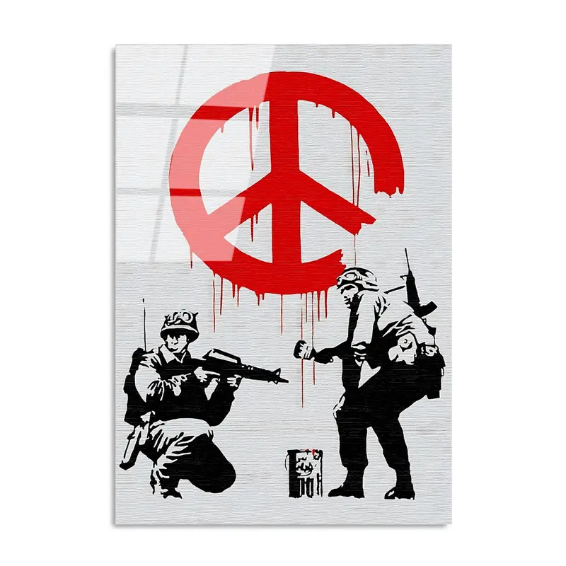 Asker Baris İşareti Banksy Cam Tablo - Beyaz