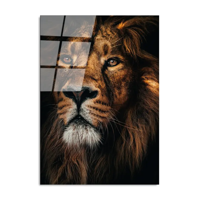 Aslan Portre Fotoğraf Cam Tablo - Kahve