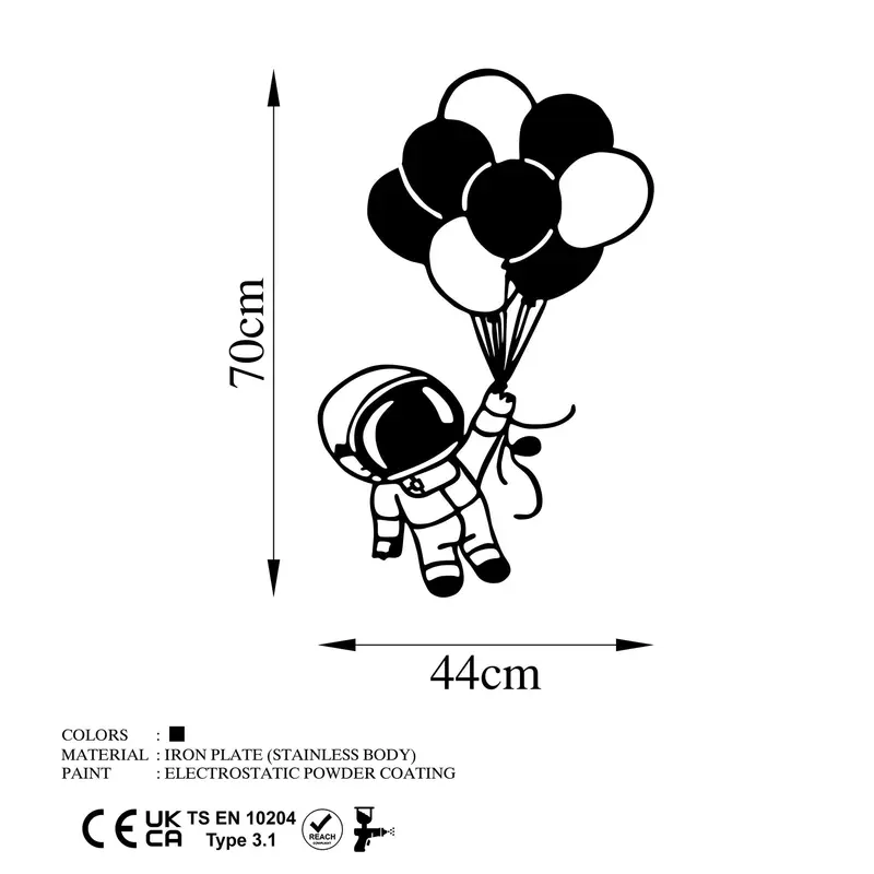 Astronot Balon Uçuş Metal Duvar Panosu - Siyah