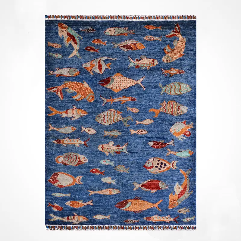 Balık Orijinal El Dokuması Mavi Kök Boya Yün Halı 102x146 1.49 Metrekare - 3x5 ft