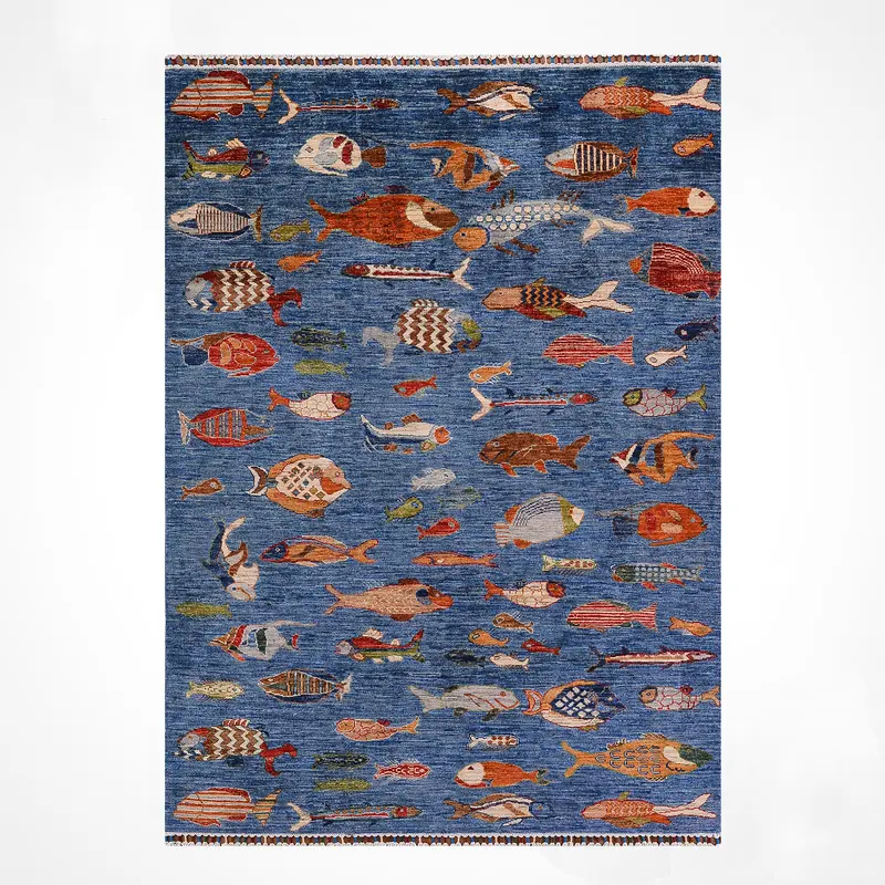 Balık Orijinal El Dokuması Mavi Kök Boya Yün Halı 156x208 3.24 Metrekare - 5x7 ft