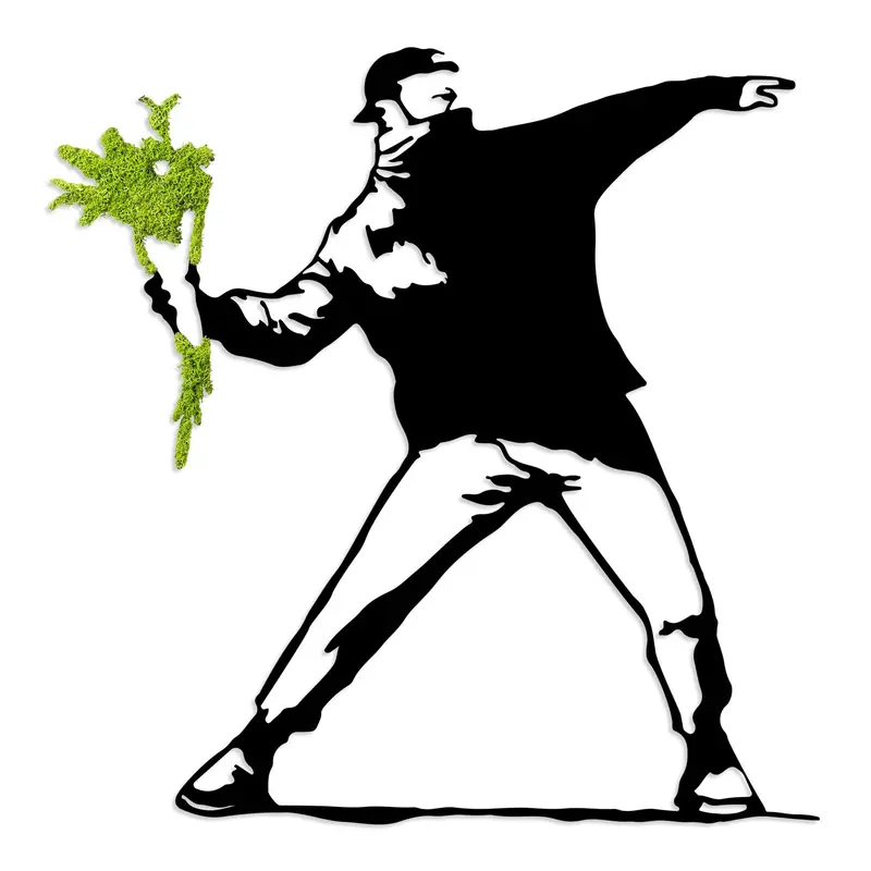 Banksy Çiçek Atan Adam Metal Pano Yeşil - Siyah