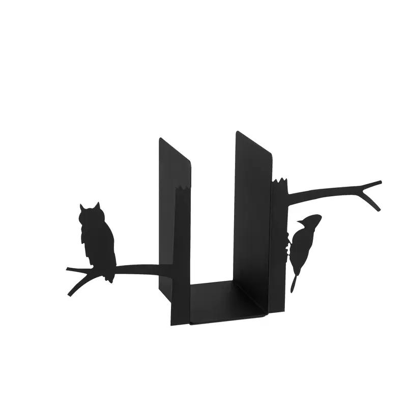 Baykuş Dal Motifli Metal Kitap Tutucu - Siyah