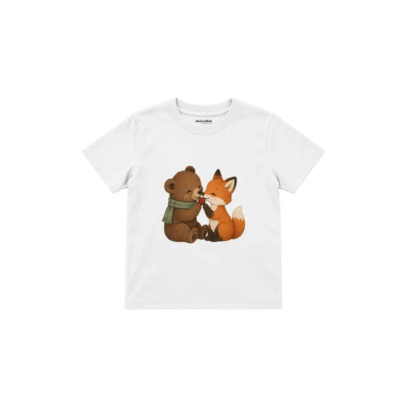 Bear and Fox Sharing One Berry Çocuk Tişört