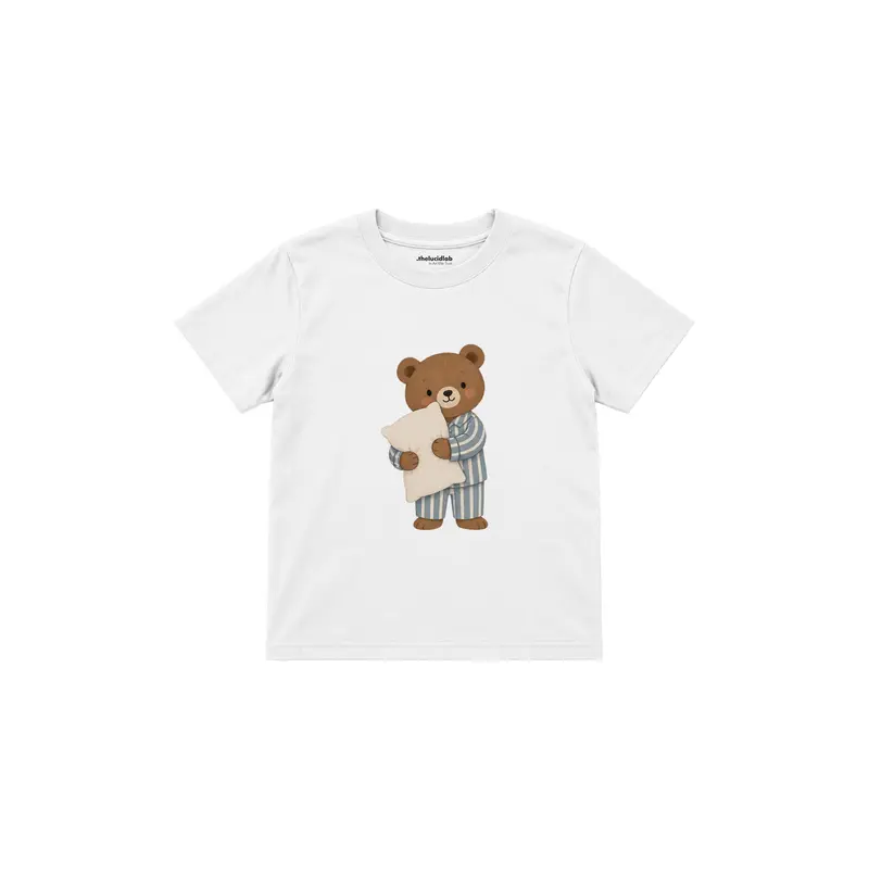 Bear in Striped Pajamas Holding a Pillow Çocuk Tişört