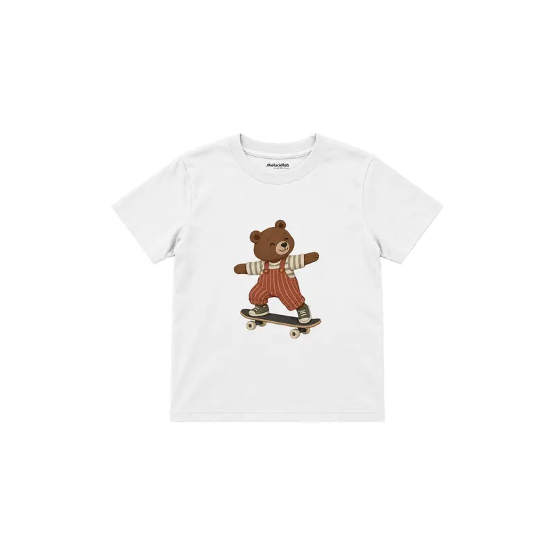 Bear Skateboarding in Rust Striped Overalls Çocuk Tişört