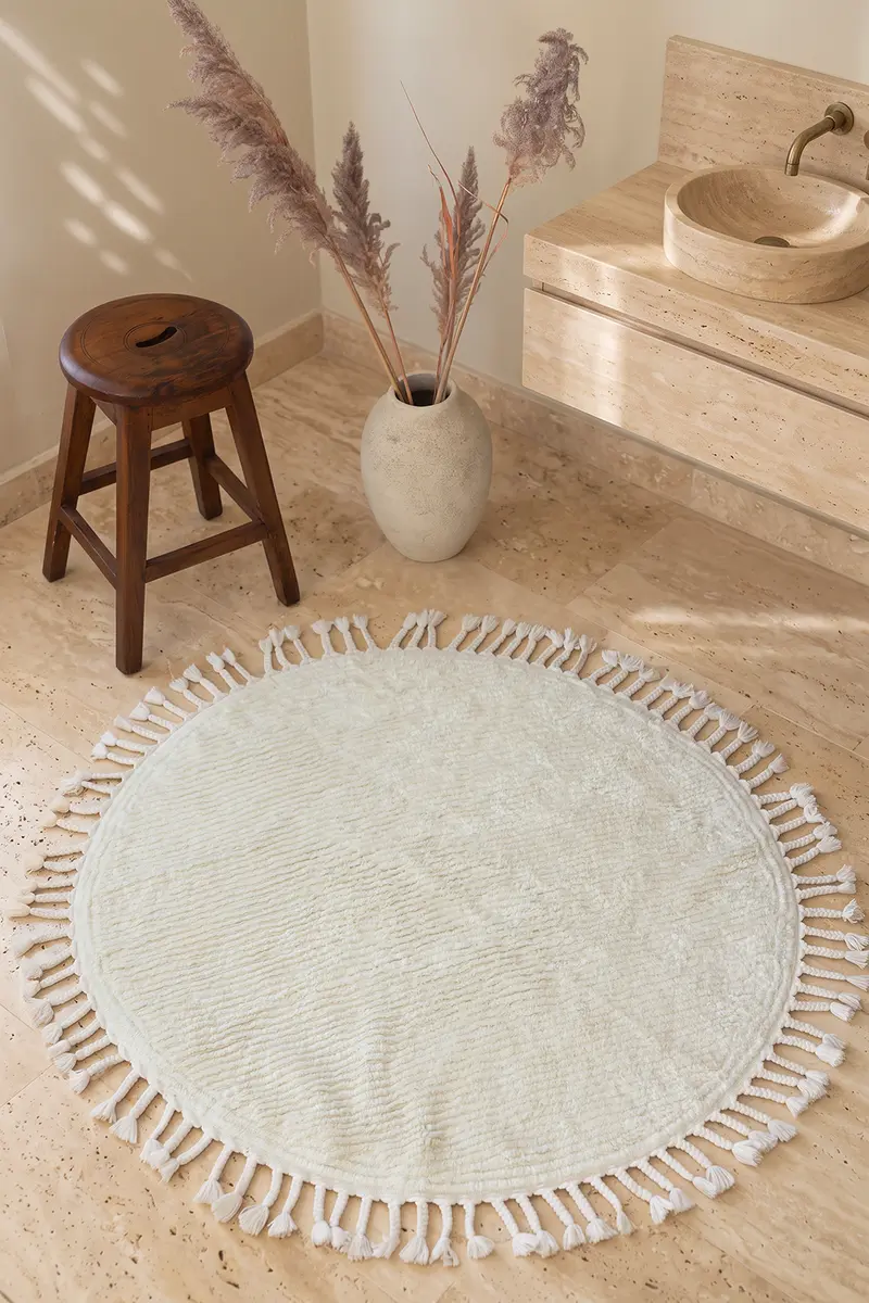 Belina Yuvarlak Bambu Banyo Paspası 100x100 Cm Milk Ekru