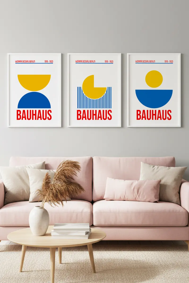 Beyaz Ahşap Çerçeveli 3'lü Bauhaus Tablo | Huhu524