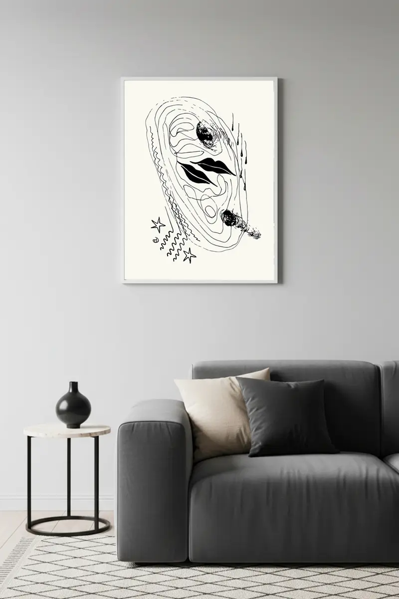 Beyaz Ahşap Çerçeveli Minimal Soyut Tablo - Siyah Beyaz | Huhu1253