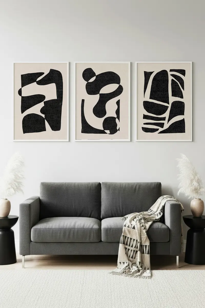 Beyaz Ahşap Çerçeveli Minimalist 3’lü Tablo | Huhu201