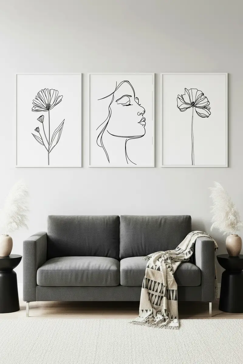 Beyaz Ahşap Çerçeveli Minimalist Line Art 3'lü Tablo Seti | Huhu533