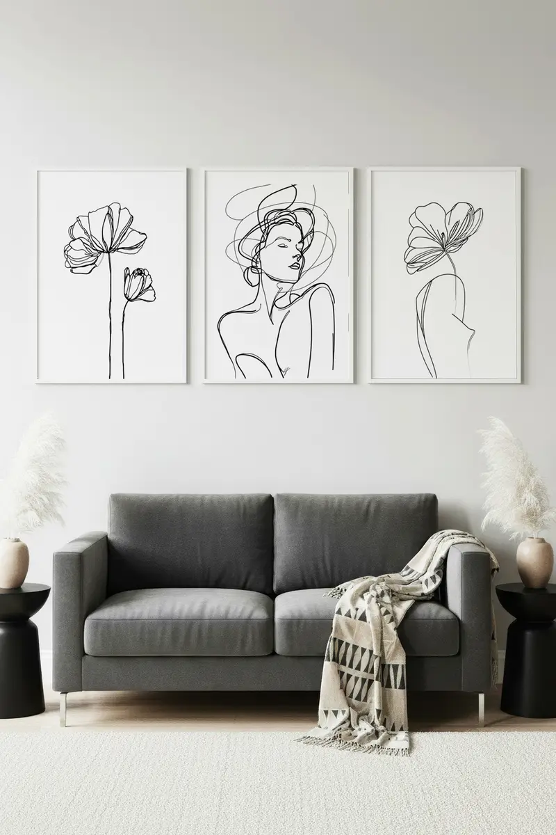 Beyaz Ahşap Çerçeveli Minimalist Line Art 3'lü Tablo Seti | Huhu534
