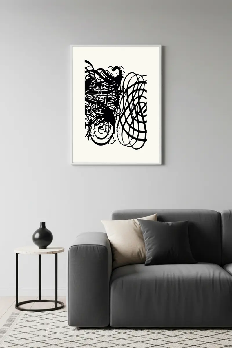 Beyaz Ahşap Çerçeveli Soyut Desenli Tablo - Minimal | Huhu1254