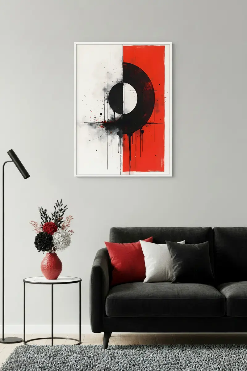 Beyaz Ahşap Çerçeveli Soyut Geometrik Desenli Tablo - Canlı Tonlar | Huhu1237