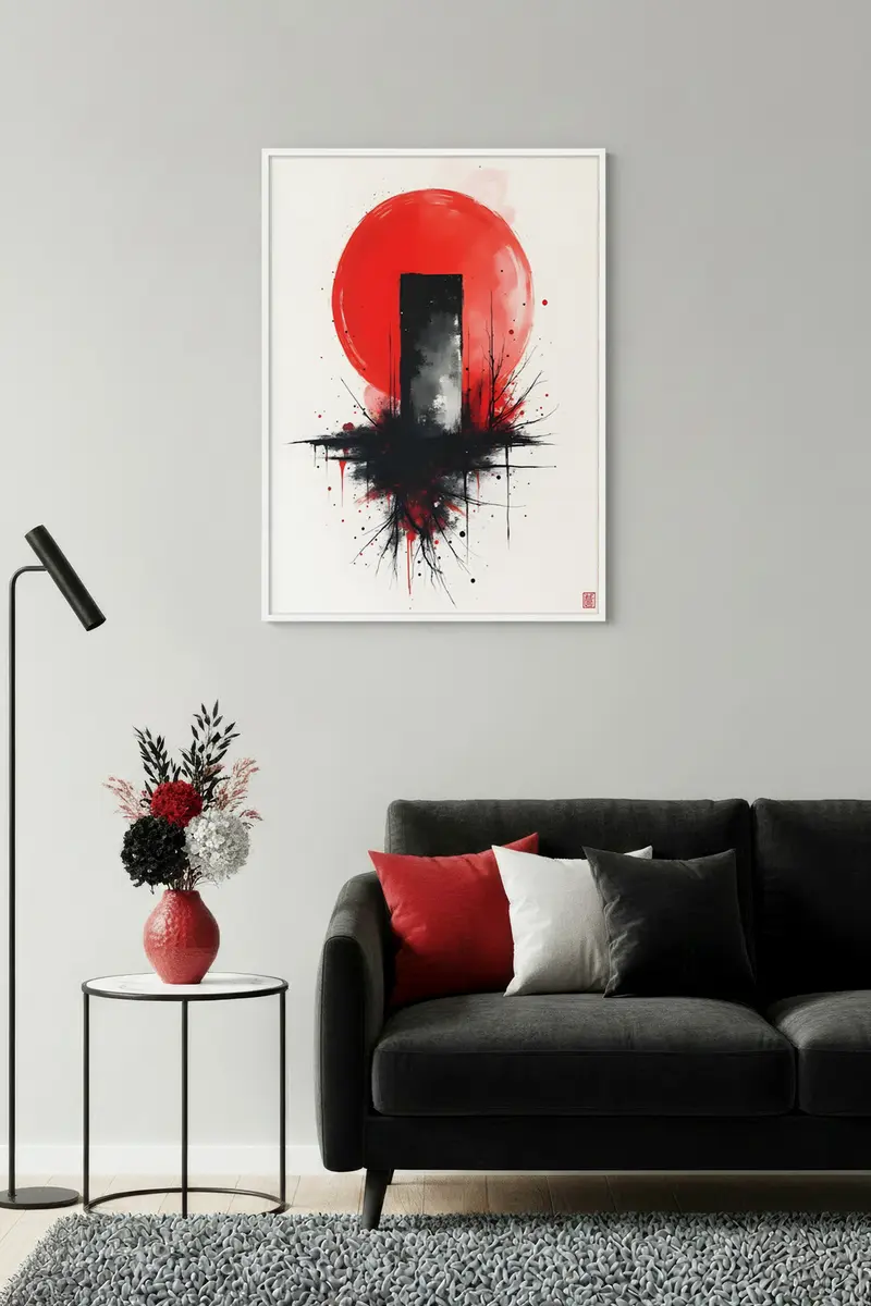 Beyaz Ahşap Çerçeveli Soyut Minimalist Tablo - Kırmızı-Siyah | Huhu1242