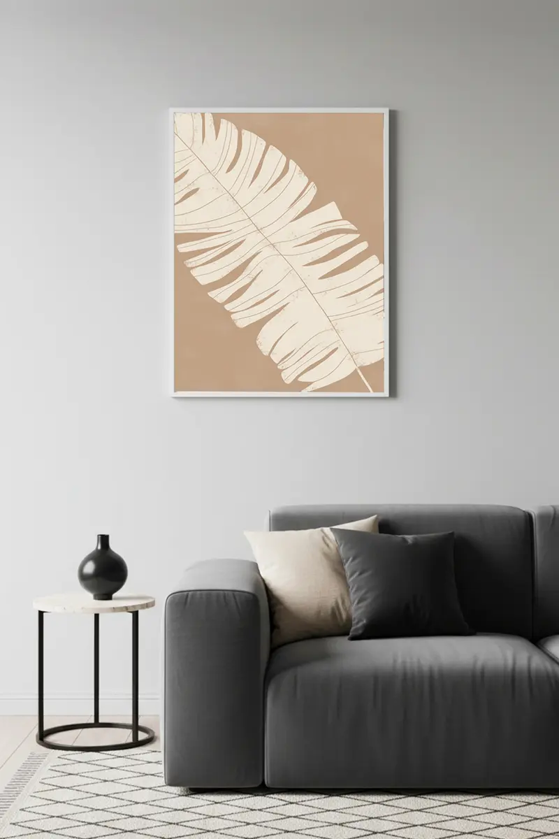Beyaz Ahşap Çerçeveli Yaprak Desenli Tablo - Minimal | Huhu1128