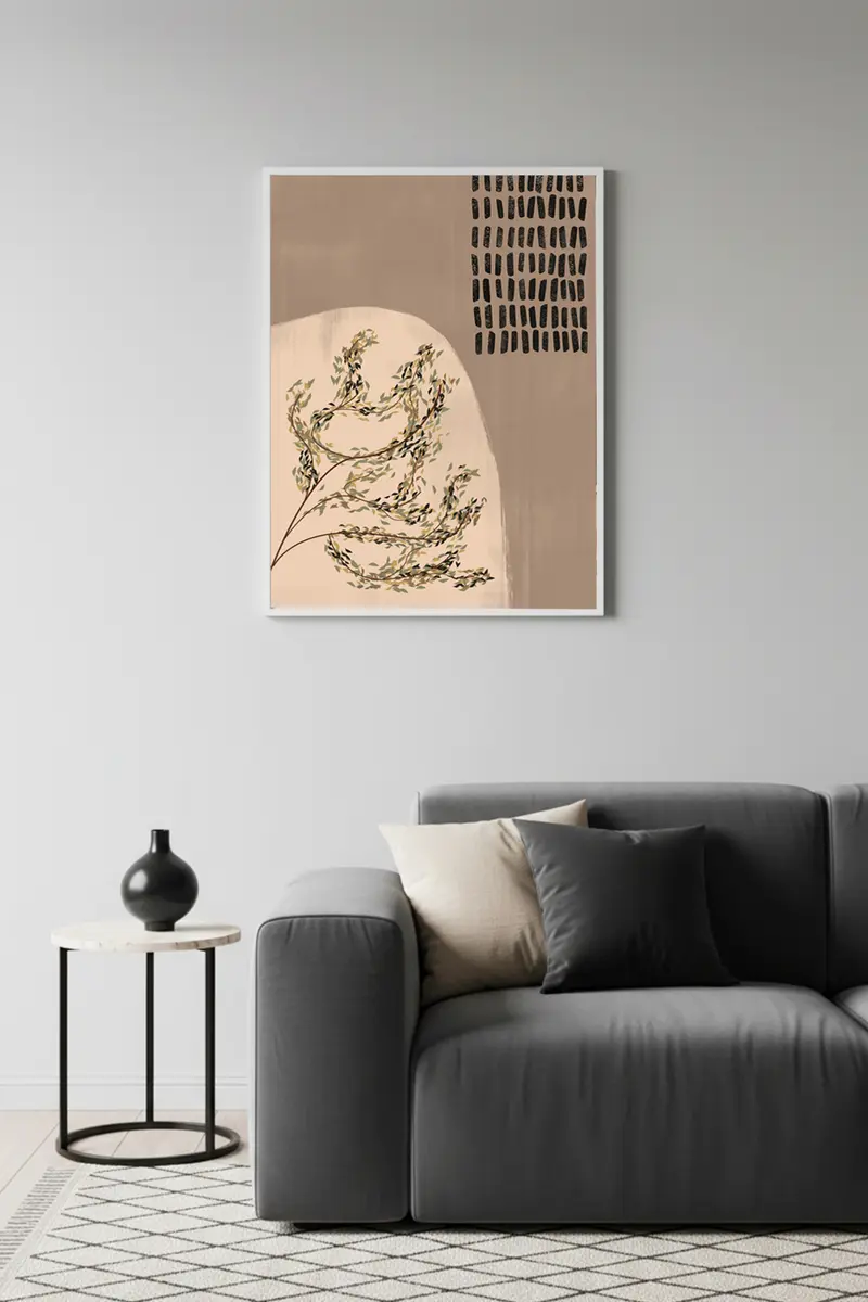 Beyaz Ahşap Çerçeveli Yaprak Desenli Tablo - Minimal | Huhu1132