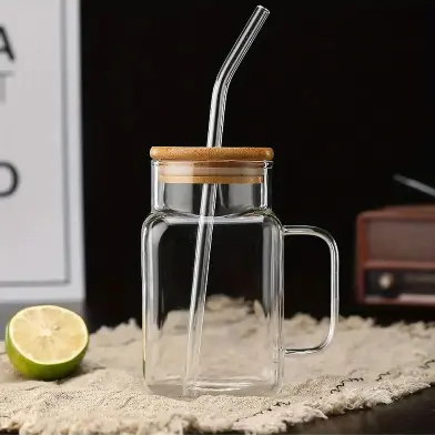 Borosilkat Cam Bambu Kapaklı Pipetli Bardak