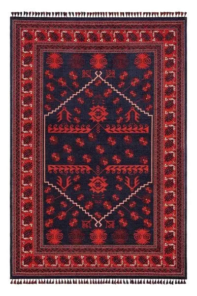 Buhara 1153 Kırmızı Etnik Desenli Eskitme Tarzlı Çerçeveli Salon Halısı