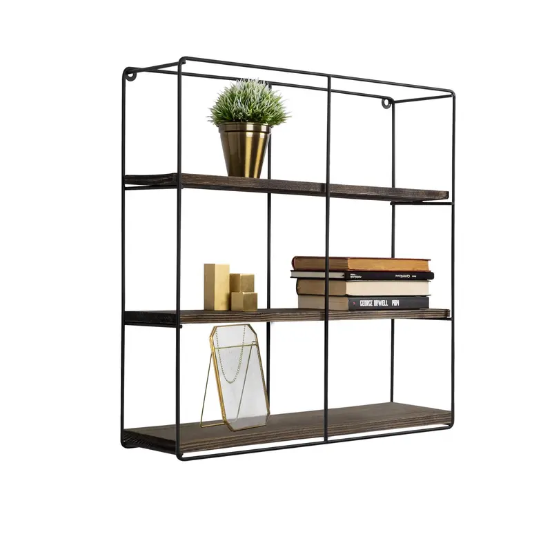 Büyük Grid Metal Ahşap Duvar Rafı - Siyah