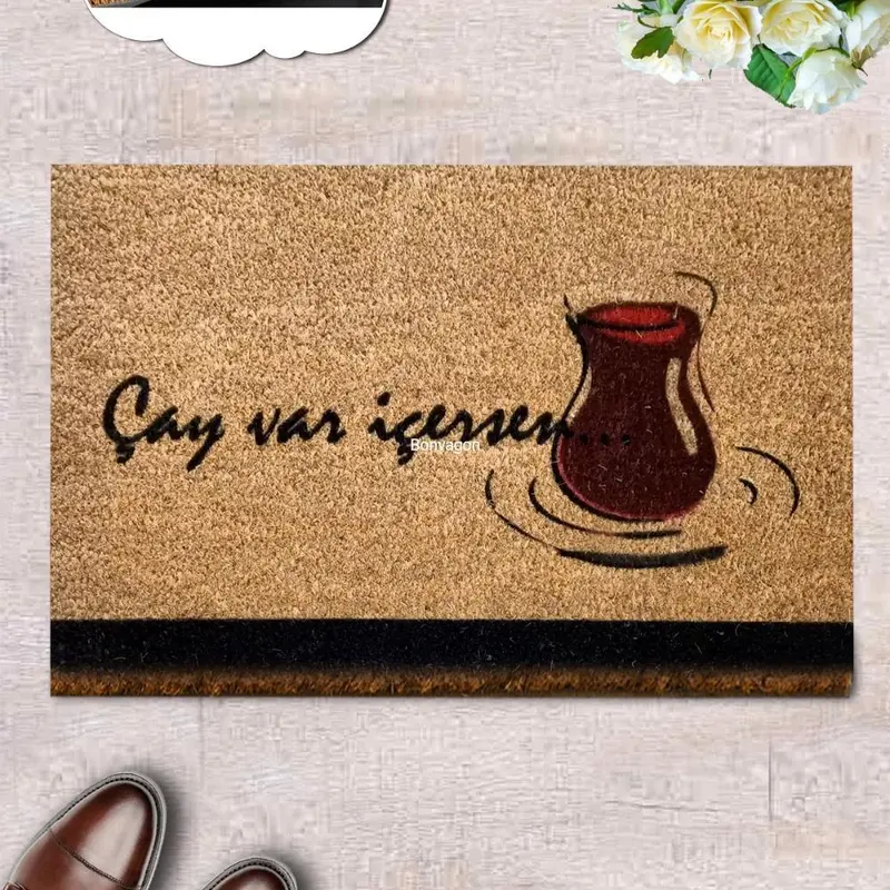 Çay Var İçersen Doğal Koko Hindistan Cevizi Kapı Önü Paspas 60x40cm