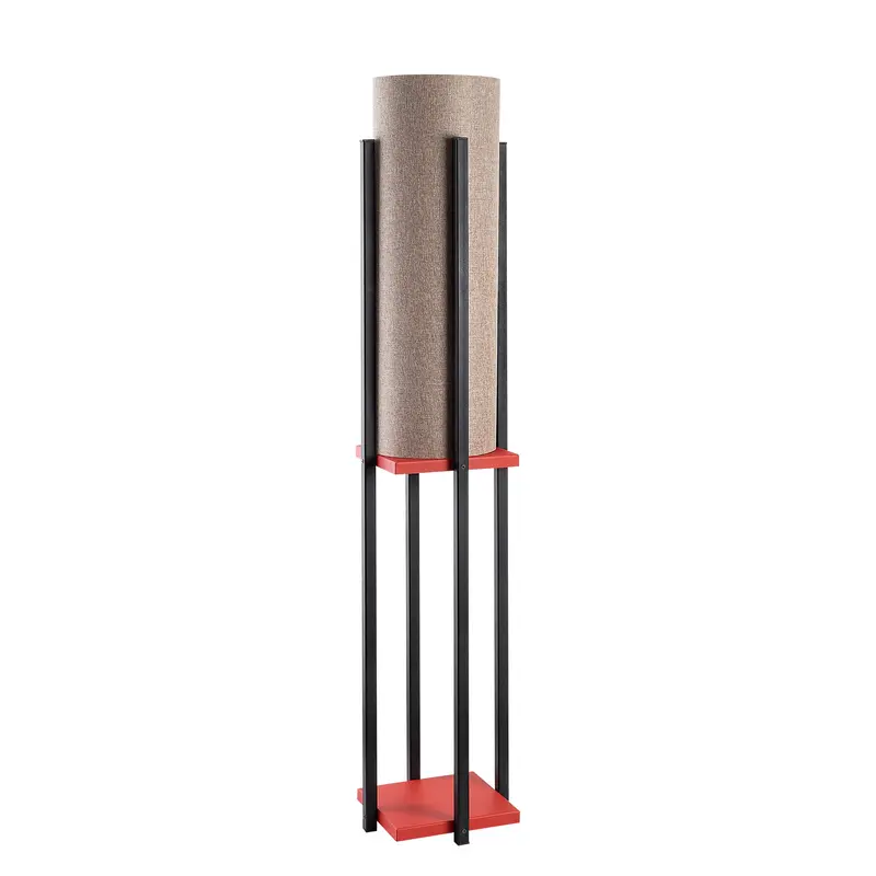 Çerçeveli Lambader Metal Keten Abajurlu - Siyah Kırmızı