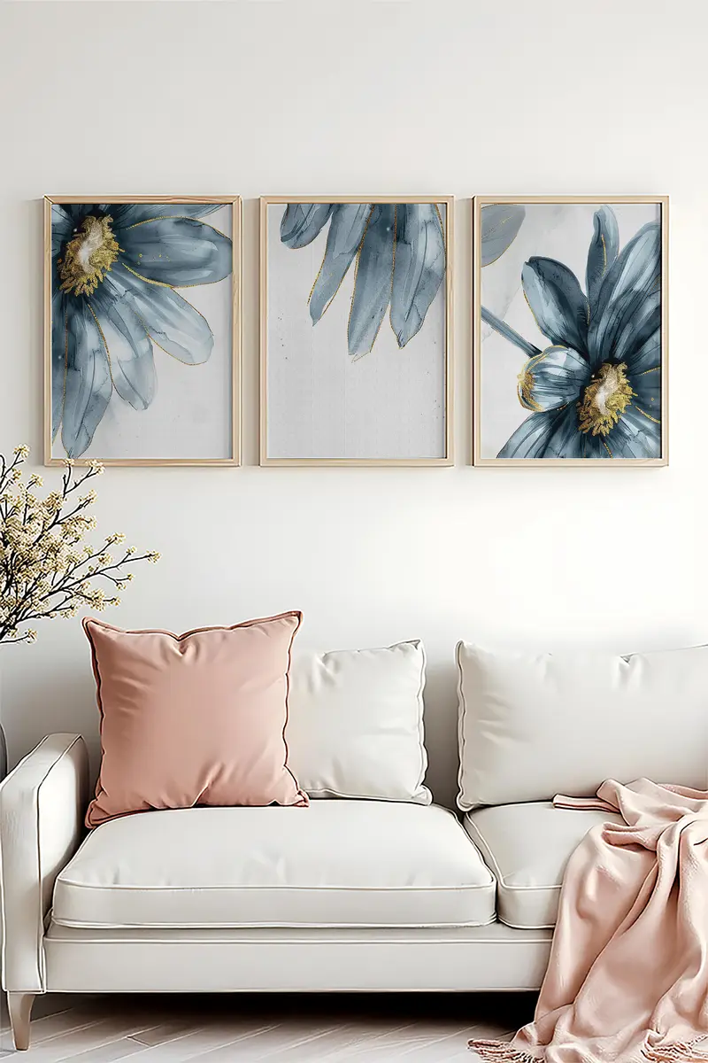 Çiçek Desenli Mavi Tablo Seti - Modern 3’lü Set | huhu473