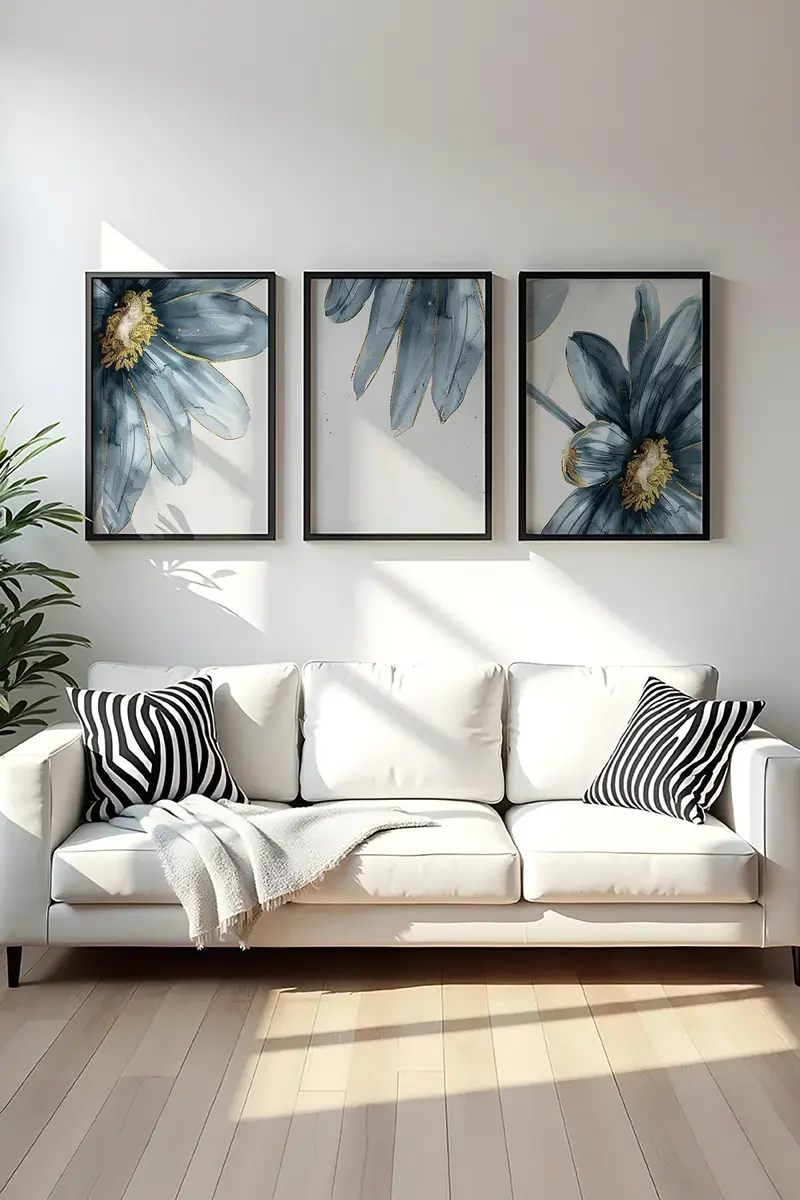 Çiçek Desenli Mavi Tablo Seti - Modern 3’lü Set | huhu473