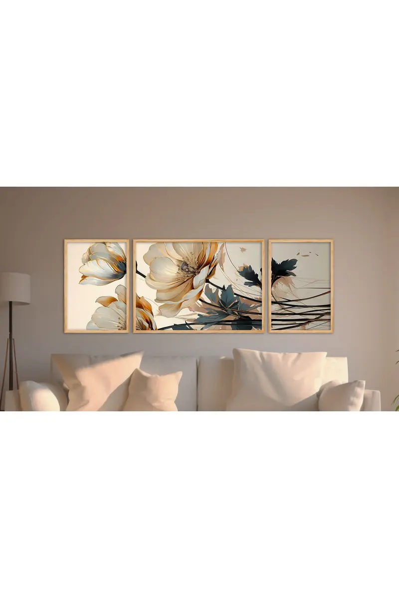 Çiçek Desenli Modern Tablo Seti - 3’lü Ahşap Çerçeve | Huhu303