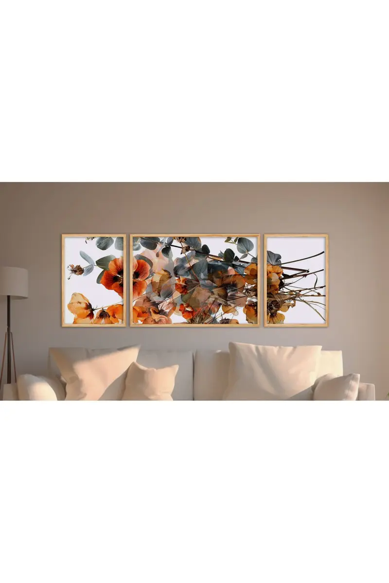 Çiçek Desenli Modern Tablo Seti - 3’lü Set | Huhu307