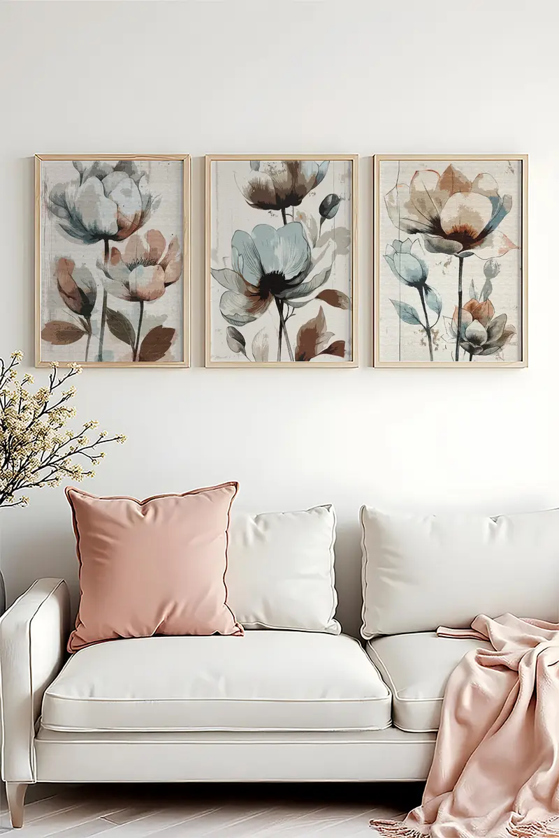 Çiçek Desenli Modern Tablo Seti - 3’lü Set | huhu478
