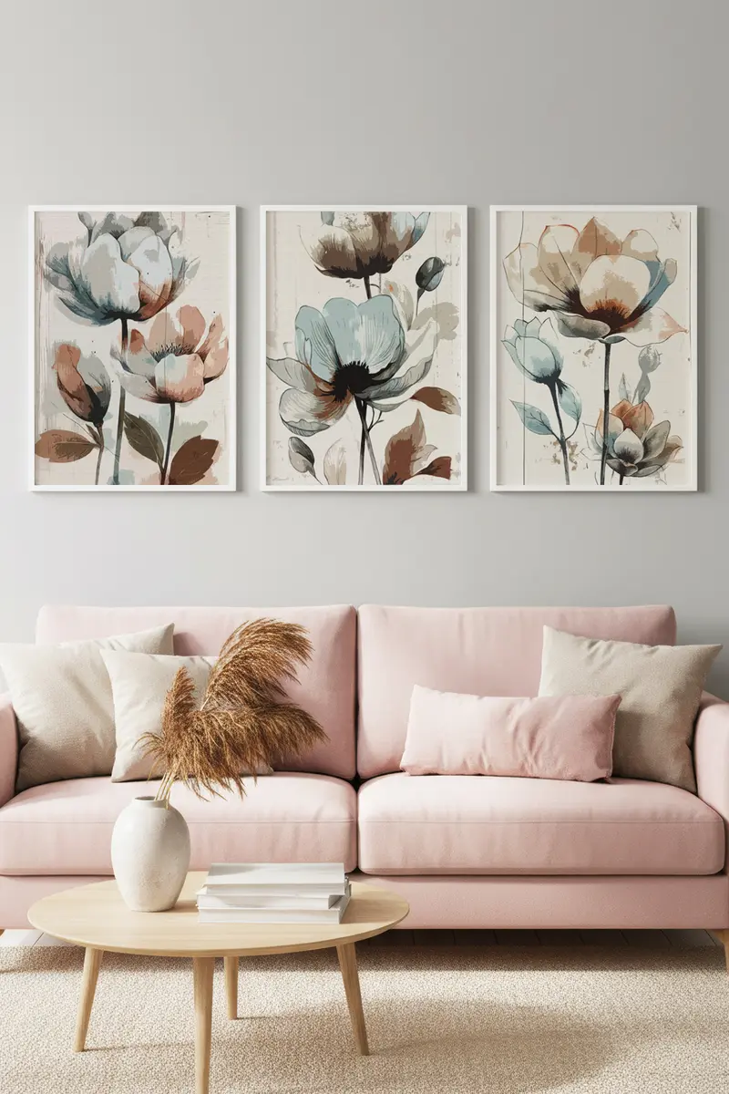 Çiçek Desenli Modern Tablo Seti - 3’lü Set | huhu478