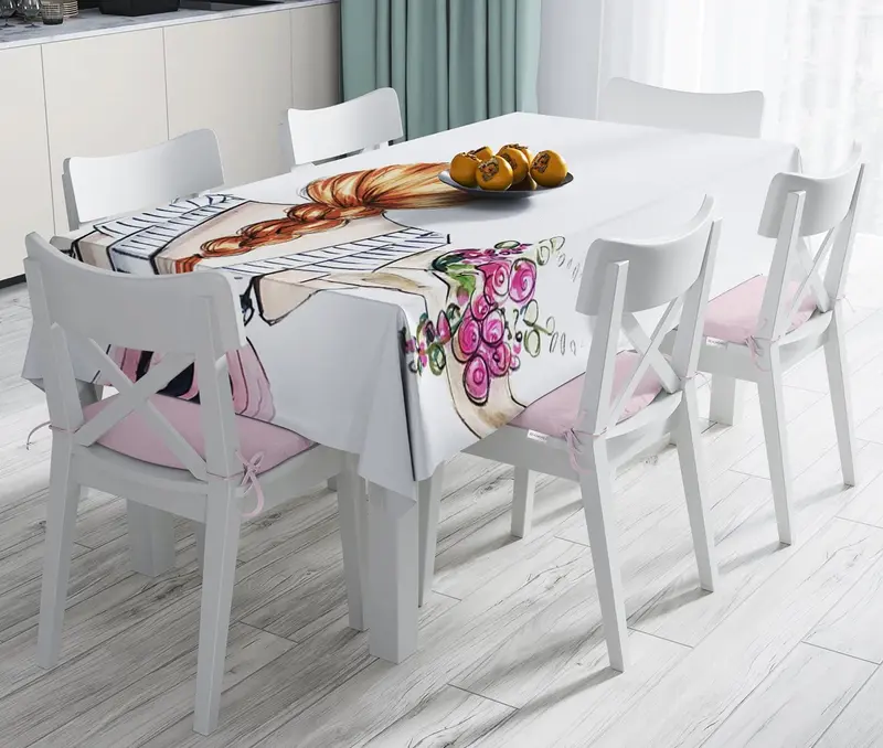 Çiçekli Kız Çizimli Modern Dekoratif Leke Tutmaz Masa Örtüsü