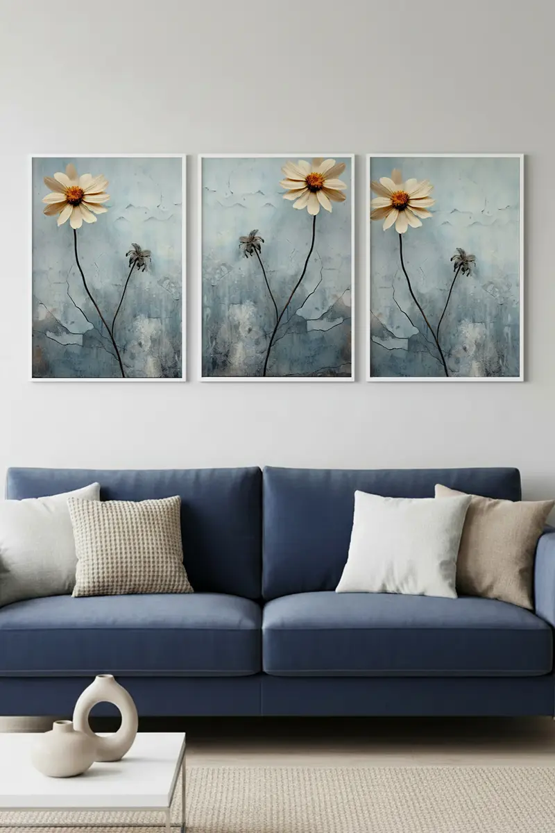 Çiçekli Soyut Tablo Seti - Pastel 3’lü Set | huhu474