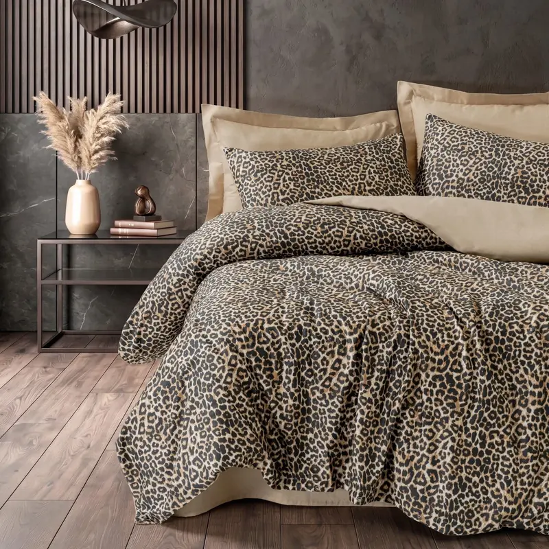 Çift Kişilik Baskılı Saten Nevresim Takımı Kalahari Bej 83 Tel %100 Pamuk