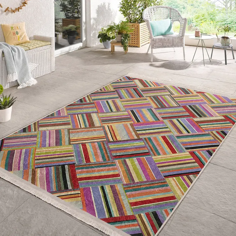 Çok Renkli Patchwork Motifli Desenli Dijital Baskılı Makinede Yıkanabilir Saçaklı Halı