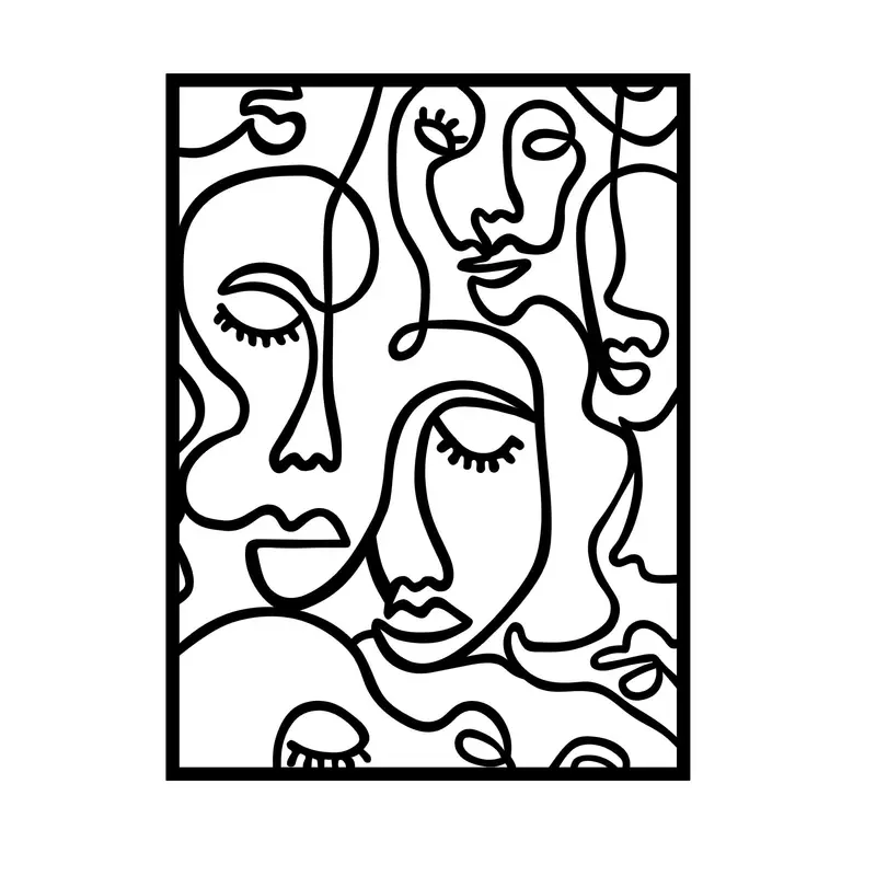 Çok Yüzlü Kadın Line Art Metal Duvar Panosu - Siyah