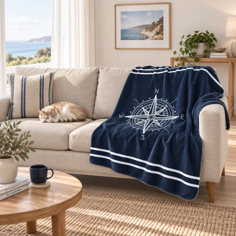 Compass Navyblue / Pusulalı Marin Temalı Polar Tv Battaniyesi