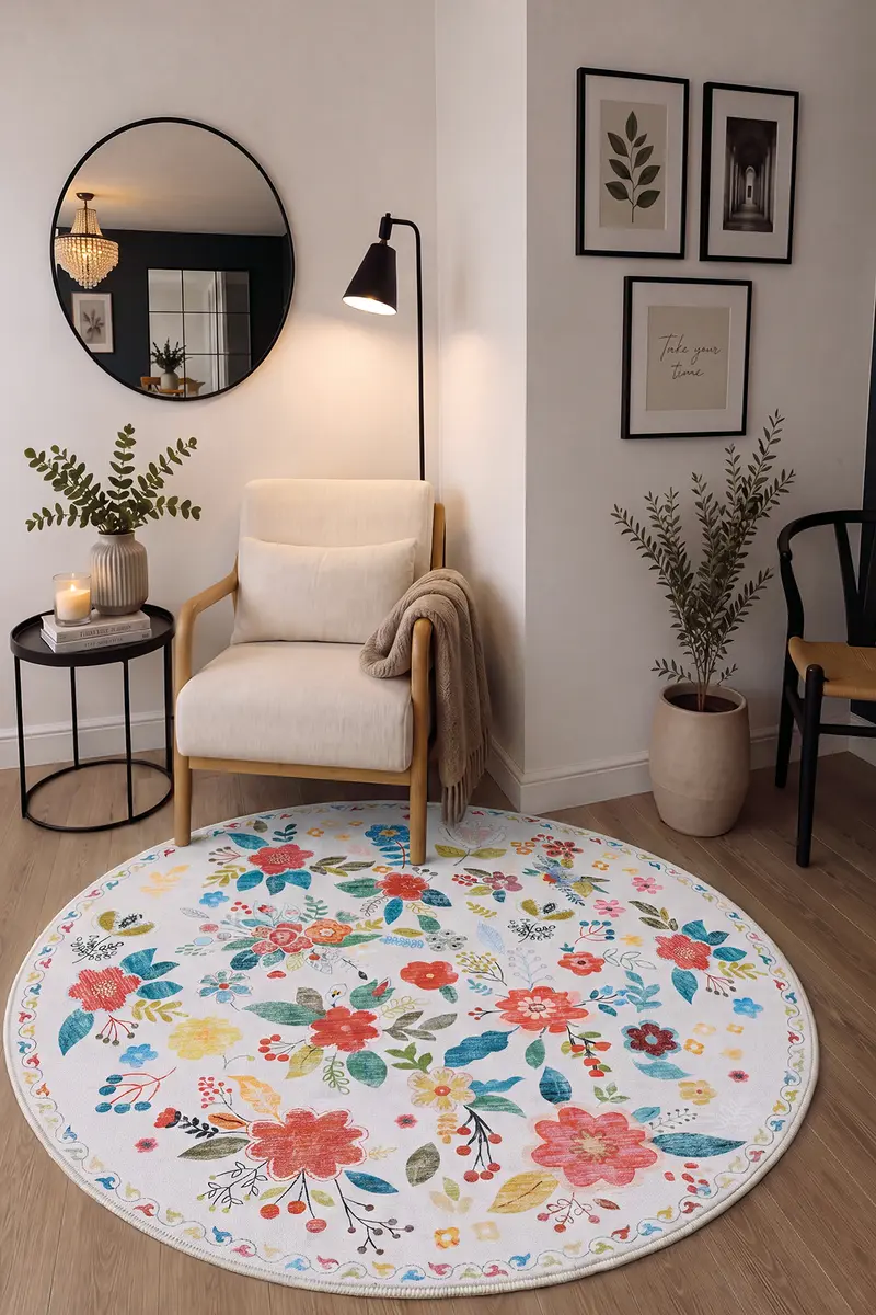 Cool Halı Daisy 609 Beyaz Renkli Yumuşak Tuşeli Yuvarlak Halı