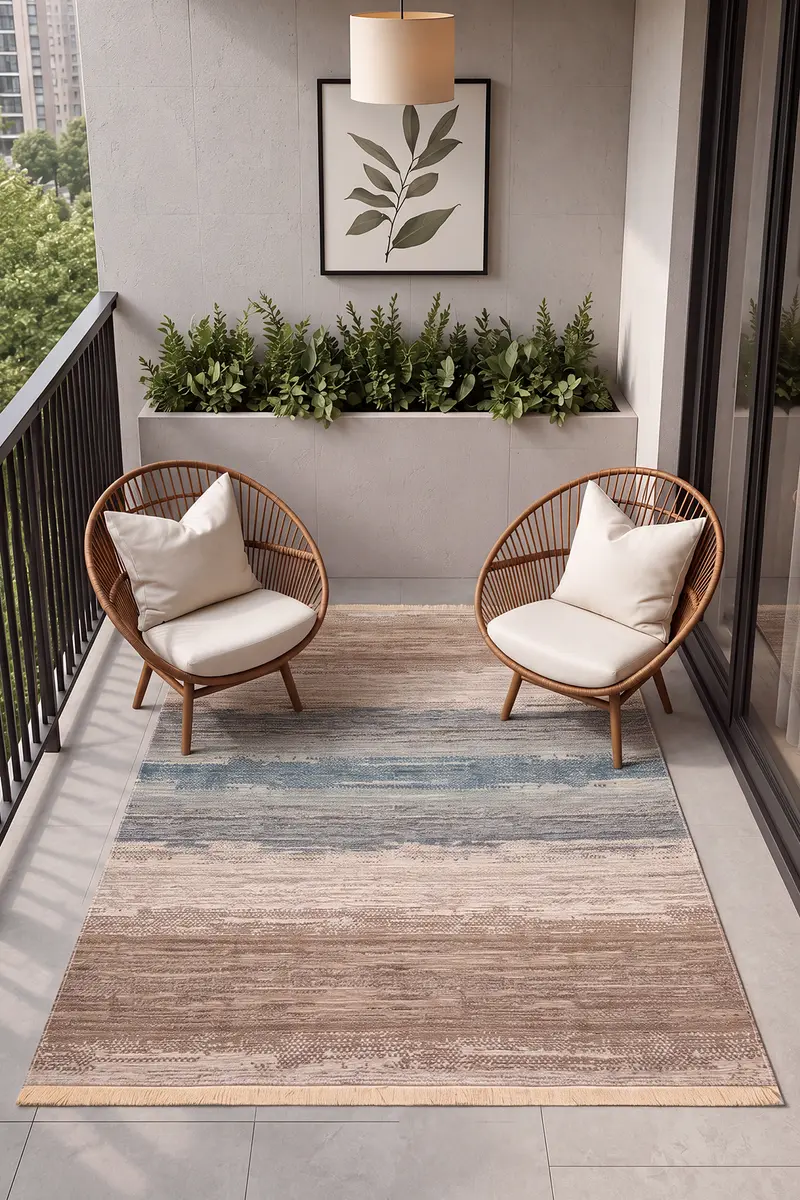 Cool Halı Santorini Bej Mavi 03 Makinede Yıkanabilir Yazlık Kilim