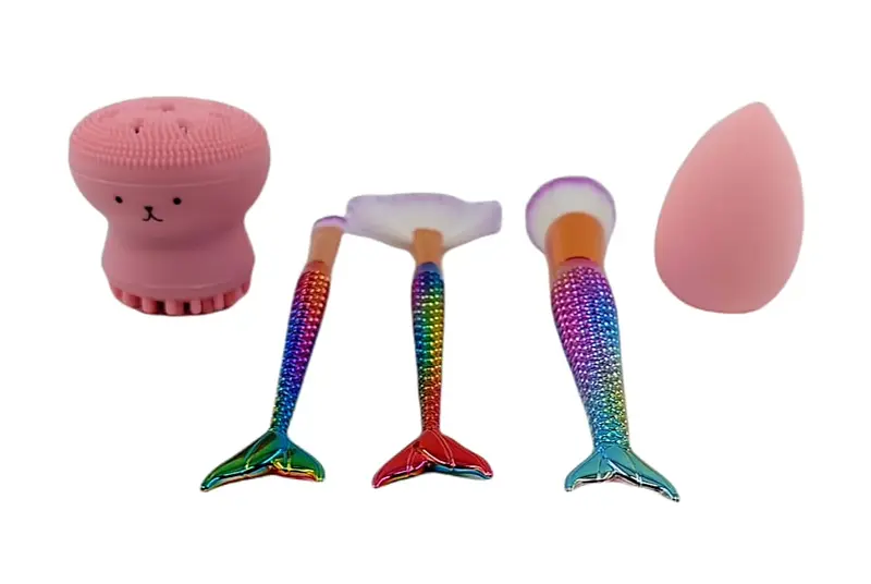 Denizkızı Makyaj Fırça Seti ve Temizleme Fırçası Pembe